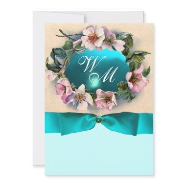 WILD ROSES WITH TEAL BLUE RIBBON ,MONOGRAM Invitations