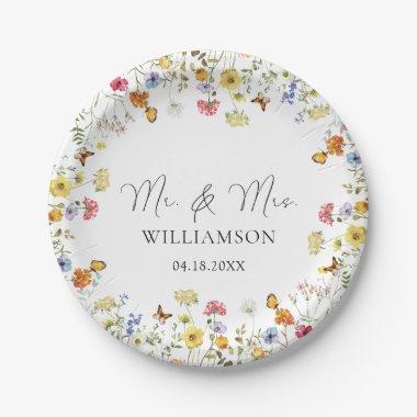 Wildflower Boho Botanical Mr. & Mrs. Wedding Paper Plates