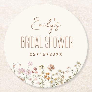 Wildflower Boho Bridal Shower In Bloom Garden Round Paper Coaster