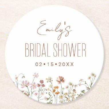 Wildflower Boho Bridal Shower In Bloom Garden Round Paper Coaster