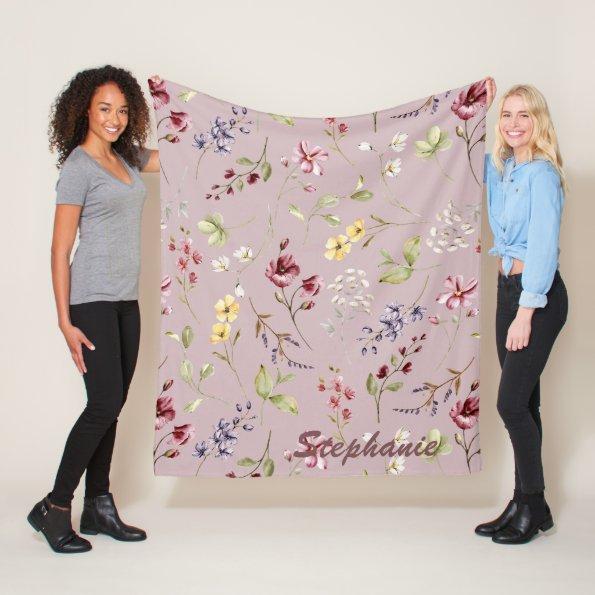 Wildflower & Mauve Custom Name Bridesmaid Gift Fle Fleece Blanket