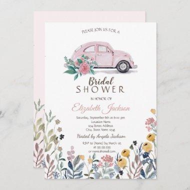 Wildflower Meadow Pink Car Bridal Shower  Invitations