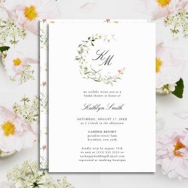 Wildflower Monogram Wreath Modern Bridal Shower Invitations