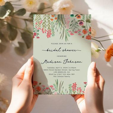 Wildflower Sage Green and Peach Bridal Shower Invitations