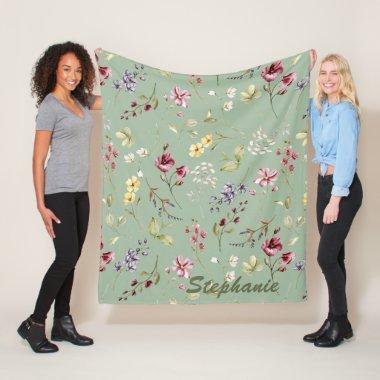 Wildflower Sage Green Custom Name Bridesmaid Gift Fleece Blanket