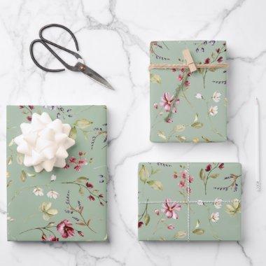 Wildflower Sage Green Floral Wrapping Paper Sheets