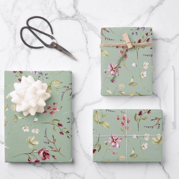 Wildflower Sage Green Floral Wrapping Paper Sheets
