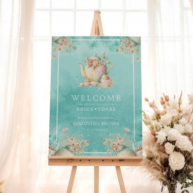 Wildflower Tea Party Teal Blue Bridal Shower Sign