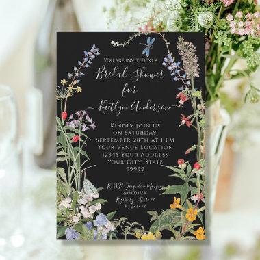 Wildflower Watercolor Floral Black Bridal Shower Invitations