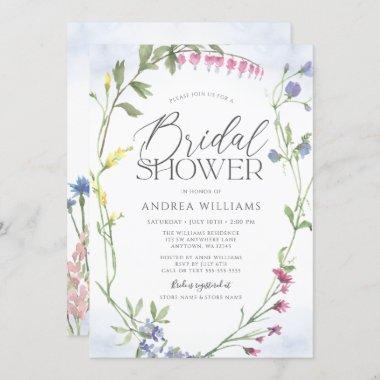 Wildflower Wreath Blue Watercolor Bridal Shower Invitations