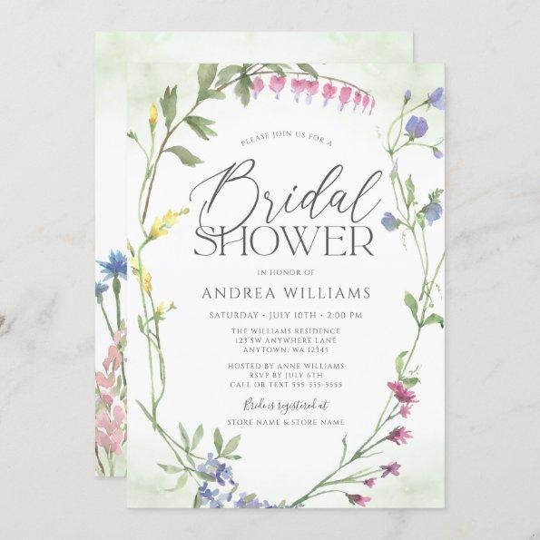 Wildflower Wreath Green Watercolor Bridal Shower Invitations