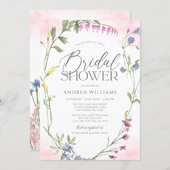Wildflower Wreath Pink Watercolor Bridal Shower Invitations