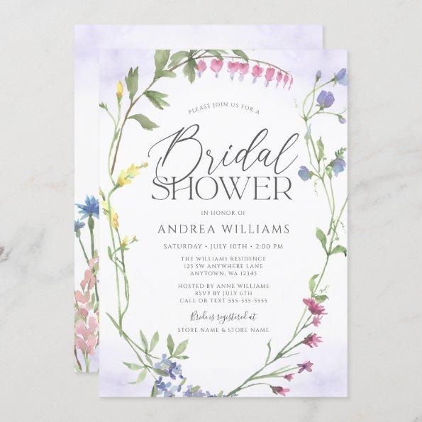 Wildflower Wreath Purple Watercolor Bridal Shower Invitations