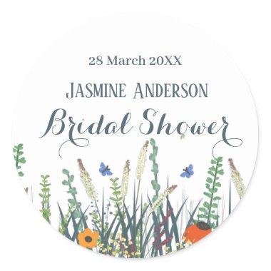 Wildflowers and butterflies bridal shower  classic round sticker