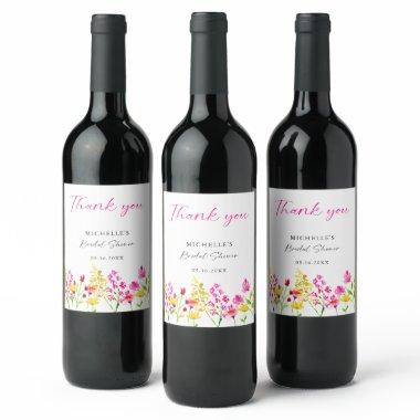 Wildflowers Bridal Shower Script Pink Florals Wine Label