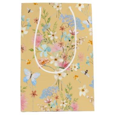 Wildflowers Yellow Floral Bee Butterfly Decoupage Medium Gift Bag