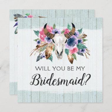 Will You Be My Bridesmaid Rustic Floral Skull Invitations