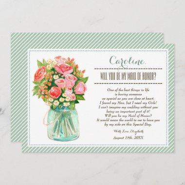 Will you be my Maid of Honor? Mason Jar Floral Invitations