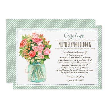 Will you be my Maid of Honor? Mason Jar Floral Invitations