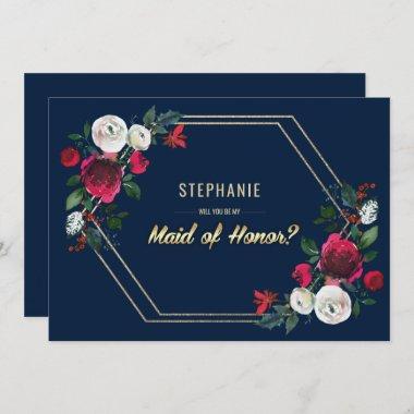 Will you be my Maid of Honor? Navy Blue Burgundy Invitations