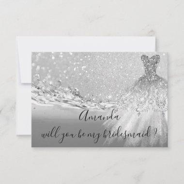 Will You Bridesmaid Gray Glitter Ocean Silver Invitations
