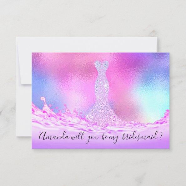 Will You Bridesmaid Pink Waves Diamond Dress Invitations