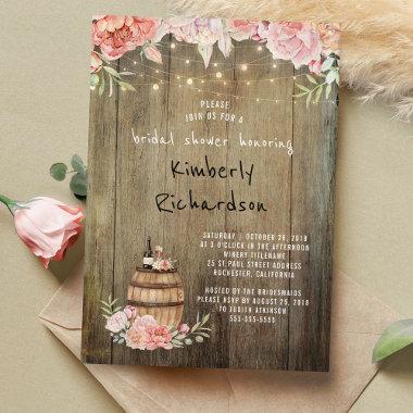 Wine Barrel Rustic String Lights Bridal Shower Invitations