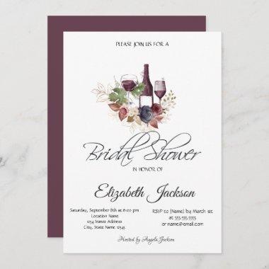 Wine Bottle Glass Burgundy Floral Bridal Shower Invitations