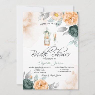 Wine Bottle Glass Chic Green Roses Dots Invitations