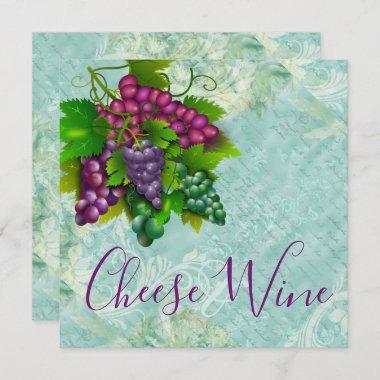 Wine cheese grape vintage script bridal shower blu Invitations