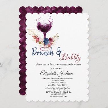 Wine Glass,Flowers Brunch & Bubbly Bridal Shower Invitations