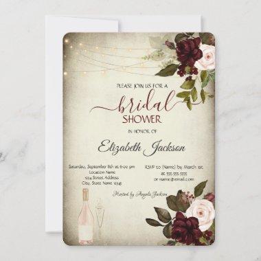 Wine Glass,Lights Burgundy Roses Bridal Shower Invitations