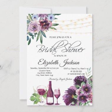 Wine Glass Lights Violet Flowers Bridal Shower  Invitations
