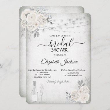 Wine Glass Lights White Roses Bridal Shower  Invitations