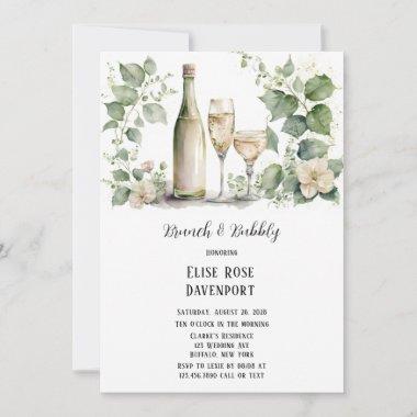 Wine & Wine Glass Greenery Floral Brunch & Bubbly Invitations
