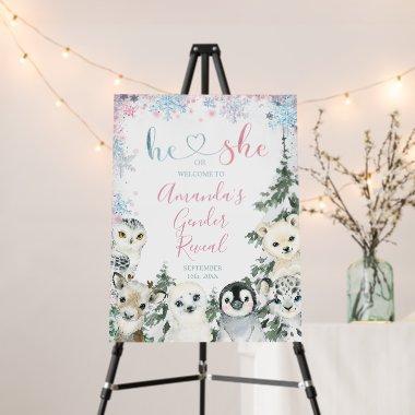 Winter Animal Gender Reveal He or She Welcome Sign