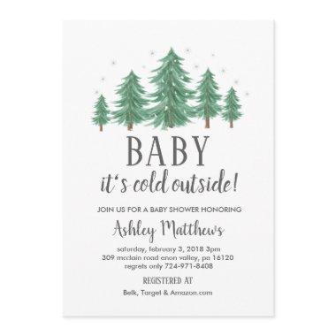 Winter baby shower invite, evergreen trees, cold