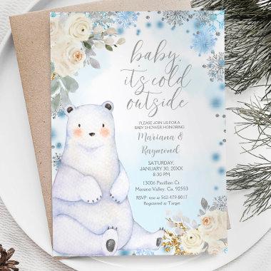 Winter Bear Artics Animal White Flower Baby Shower Invitations