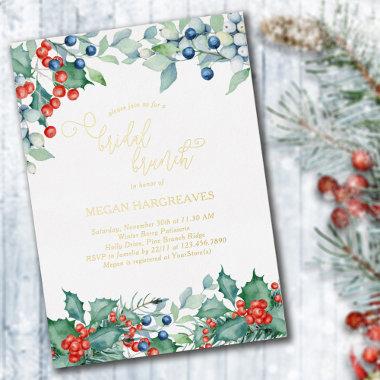 Winter Berries Holly Watercolor Bridal Brunch Gold Foil Invitations