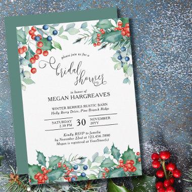 Winter Berries Holly Watercolor Bridal Shower Invitations