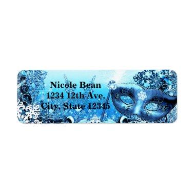 Winter Blue Masquerade Mask & Snowflakes Elegant Label