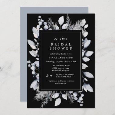 Winter Botanical | Blue Gray & Black Bridal Shower Invitations