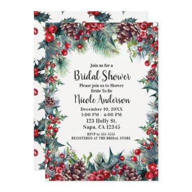 Winter Bridal Shower Holiday Holly & Pine Cones Invitations