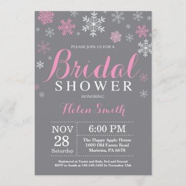 Winter Bridal Shower Pink Snowflake Gray Invitations