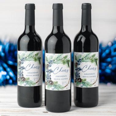 Winter bridal shower watercolor pines wreath favor wine label