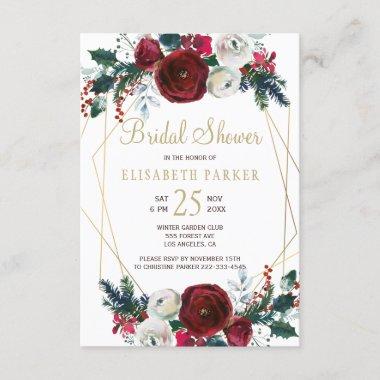 Winter burgundy gold geometric frame bridal shower Invitations