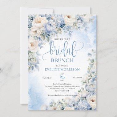 Winter Dusty Blue and Ivory Flowers Bridal brunch Invitations