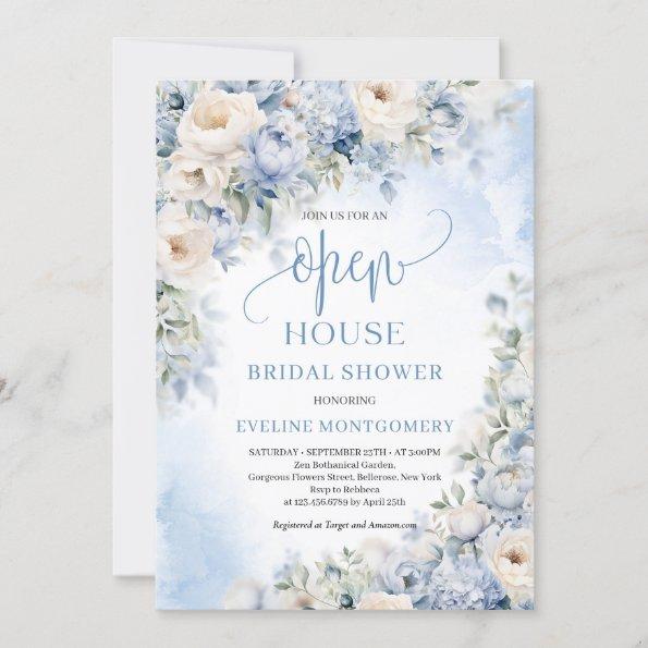 Winter dusty blue and ivory flowers Open House Invitations
