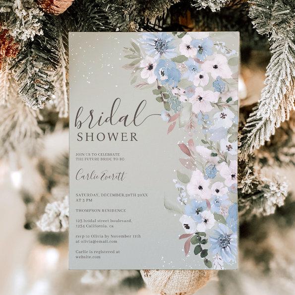 Winter dusty blue floral snow green bridal shower Invitations