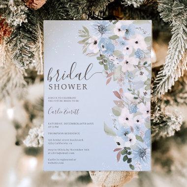 Winter dusty blue floral snow ice bridal shower Invitations